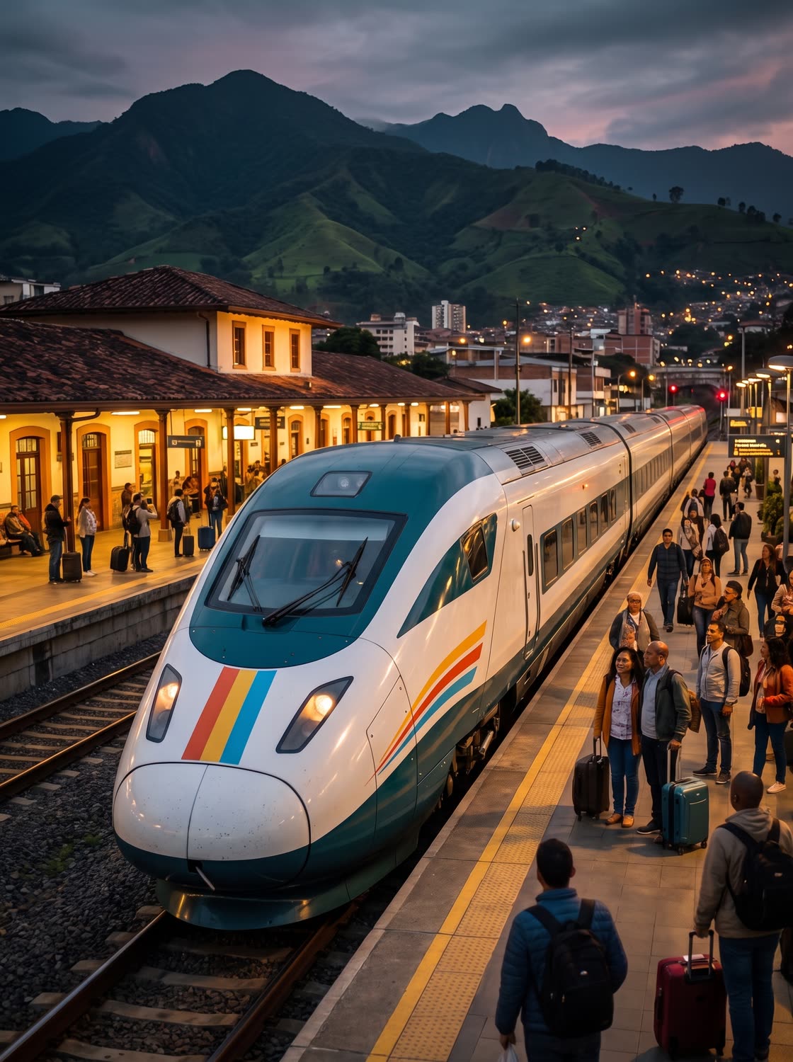 Tren de alta velocidad llegando a una estación del Eje Cafetero al atardecer